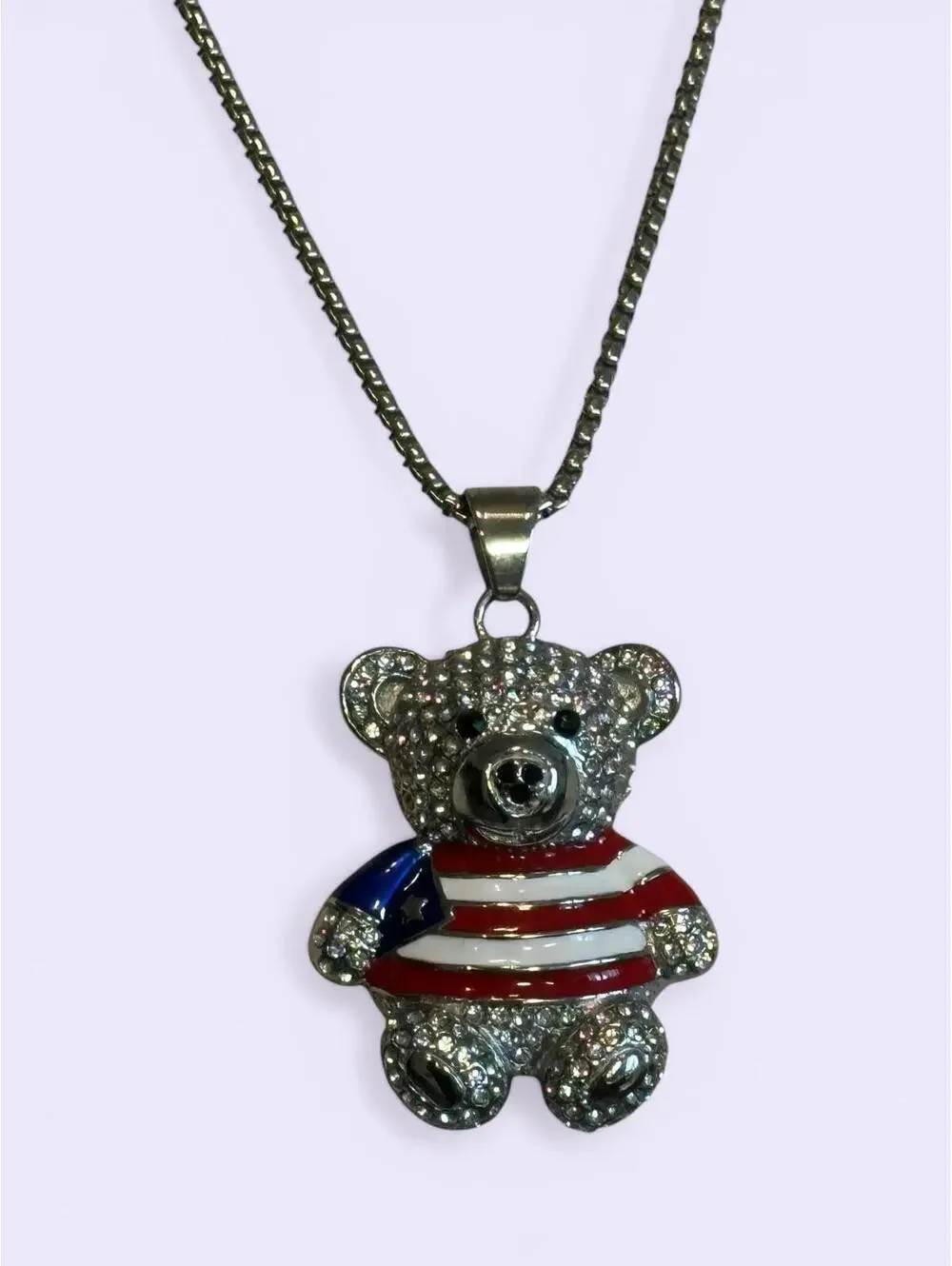 Stainless Steel Puerto Rican Flag Teddy Bear Necklace - Picture 1 of 3